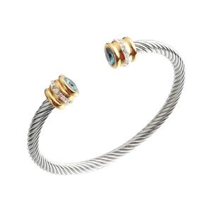 Classic Cable Bracelet in Stainless Steel with Light Blue Gemstone & Diamonds